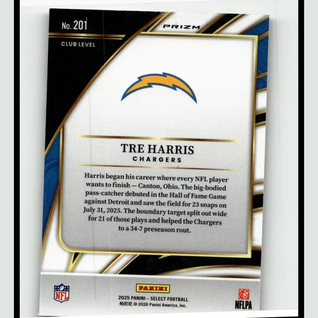 Silver and black panini select prizm football card featuring tre harris with chargers logo and gold text accents