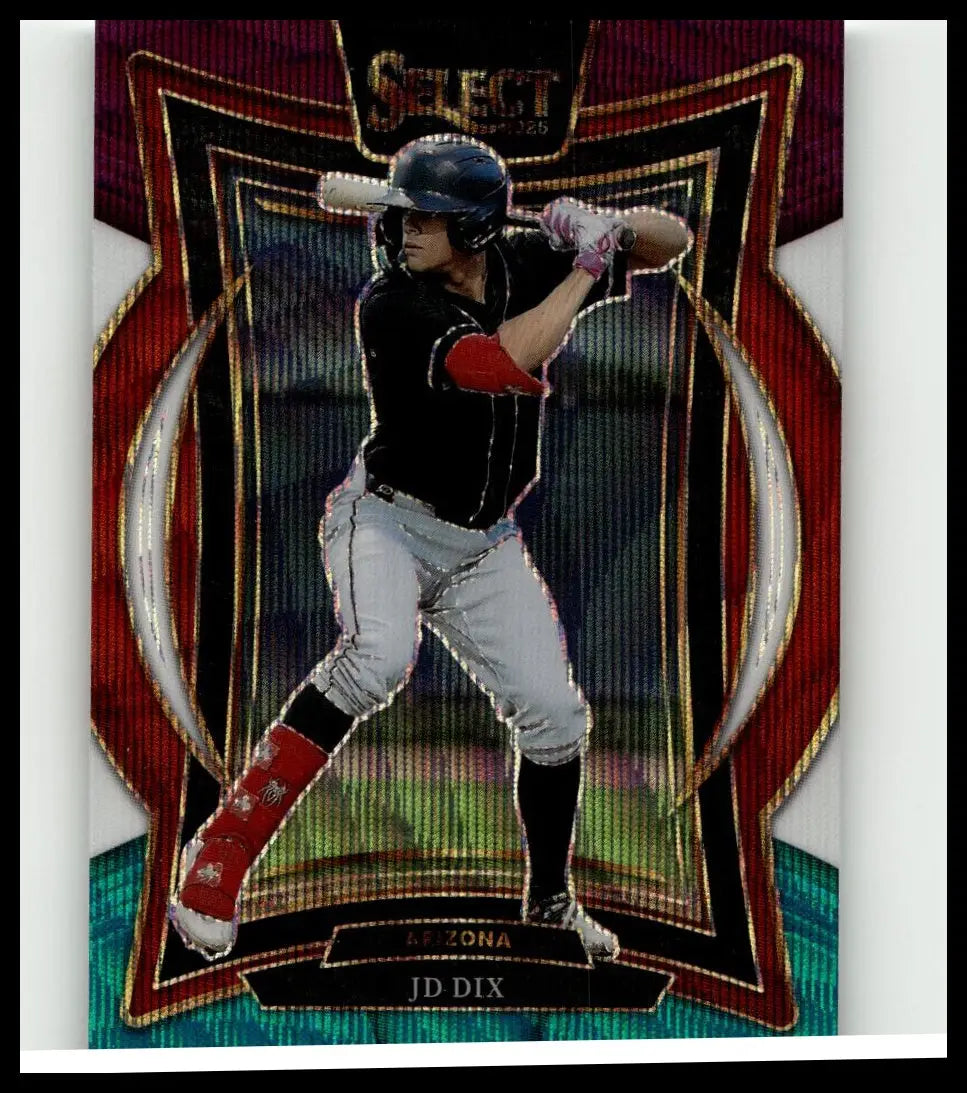 A glossy red and black panini select baseball trading card of jd dix in mid-swing from toys and games collectibles
