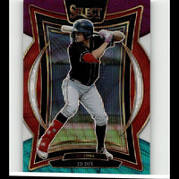A baseball player in a black jersey and gray pants, wearing red batting gloves and shin guards, captured mid-swing on an arizona diamondbacks trading card from the 2025 select series.