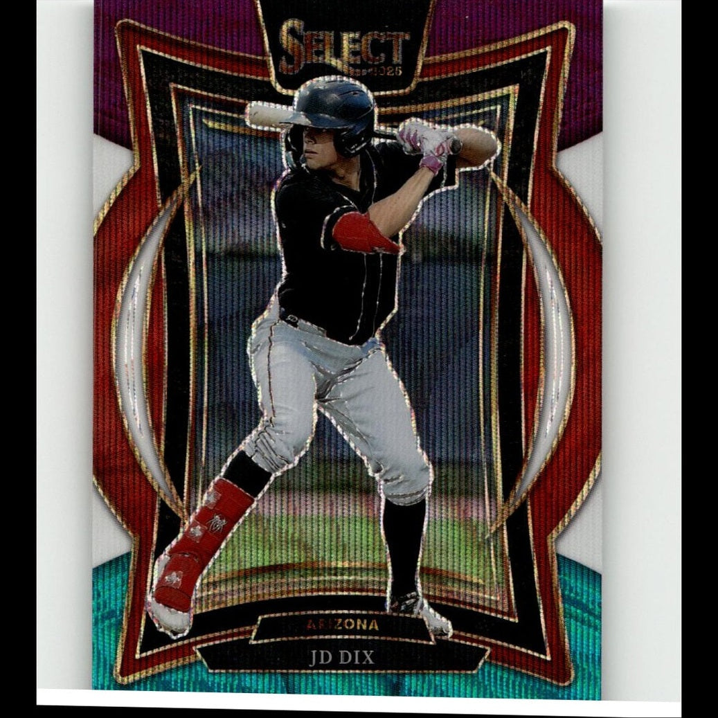 A baseball player in a black jersey and gray pants, wearing red batting gloves and shin guards, captured mid-swing on an arizona diamondbacks trading card from the 2025 select series.