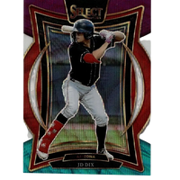 A baseball player in a black jersey and gray pants, wearing red batting gloves and shin guards, captured mid-swing on an arizona diamondbacks trading card from the 2025 select series.