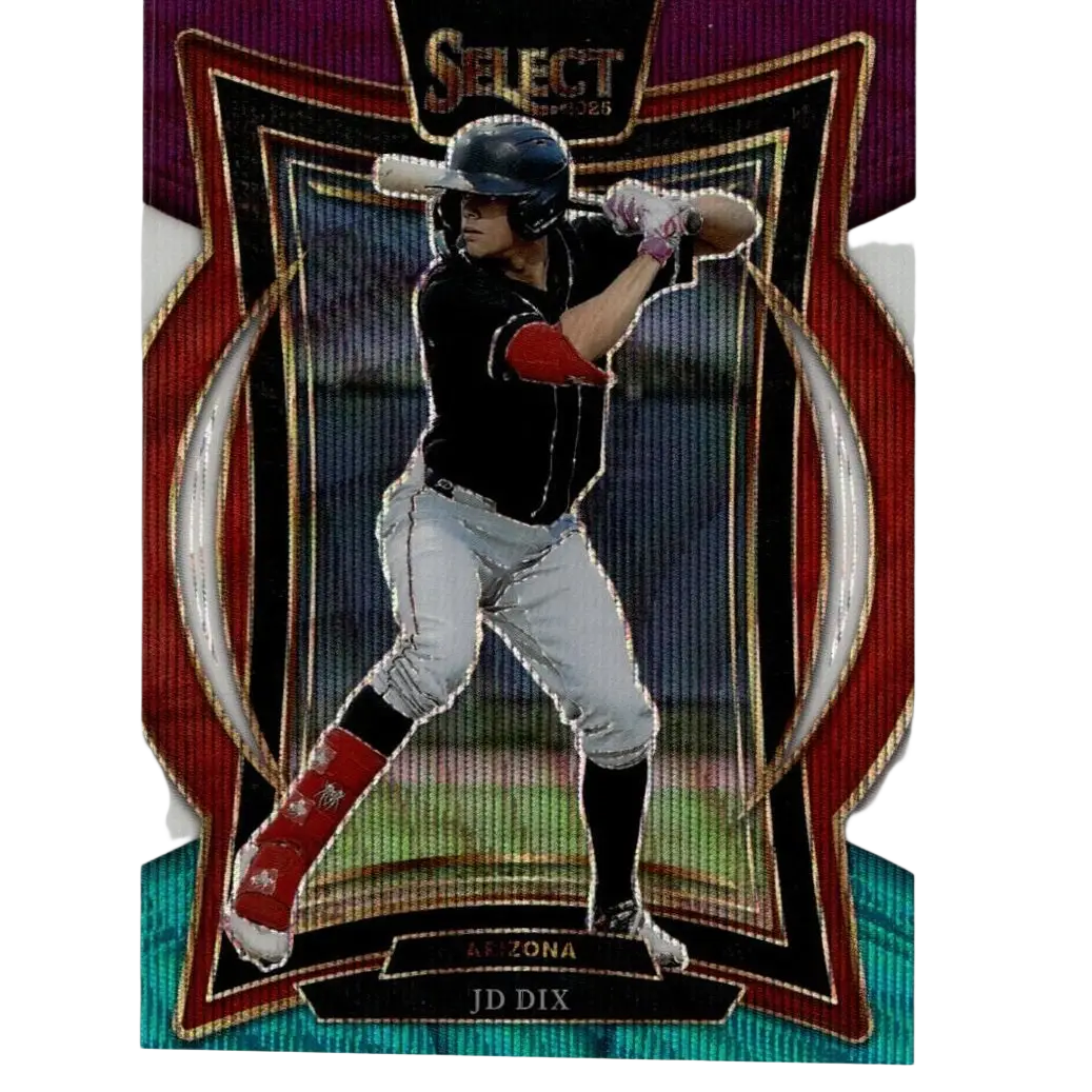 A baseball player in a black jersey and gray pants, wearing red batting gloves and shin guards, captured mid-swing on an arizona diamondbacks trading card from the 2025 select series.