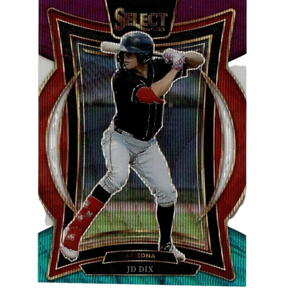 A baseball player in a black jersey and gray pants, wearing red batting gloves and shin guards, captured mid-swing on an arizona diamondbacks trading card from the 2025 select series.