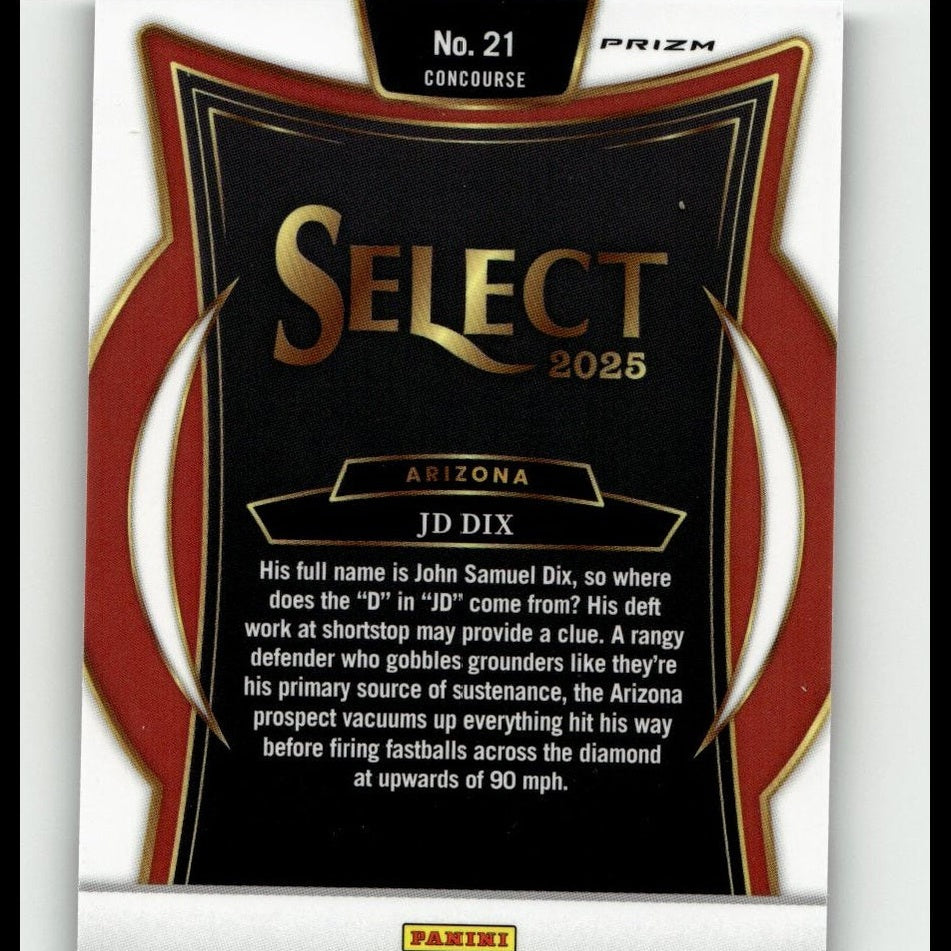 Black and red baseball trading card with gold foil lettering, featuring ’select 2025’’ branding and player information for jd dix.