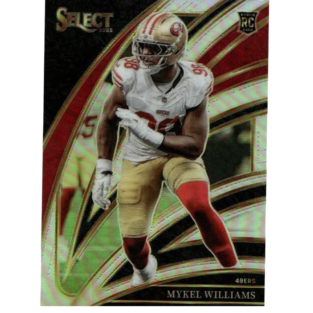 2025 panini select #217 mykel williams silver prizm rookie football card featuring williams in 49ers uniform