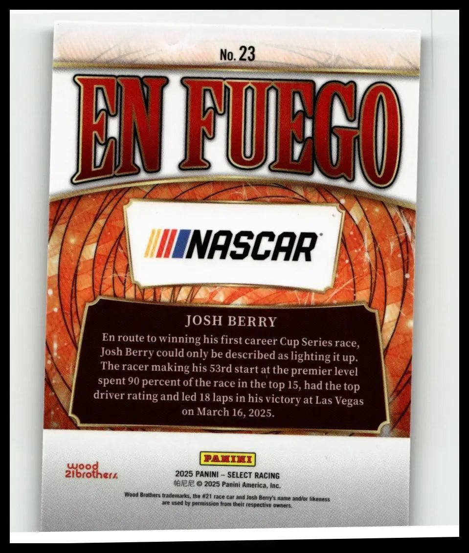 Red and black nascar trading card featuring driver josh berry with fiery orange background design panini select berry en fuego