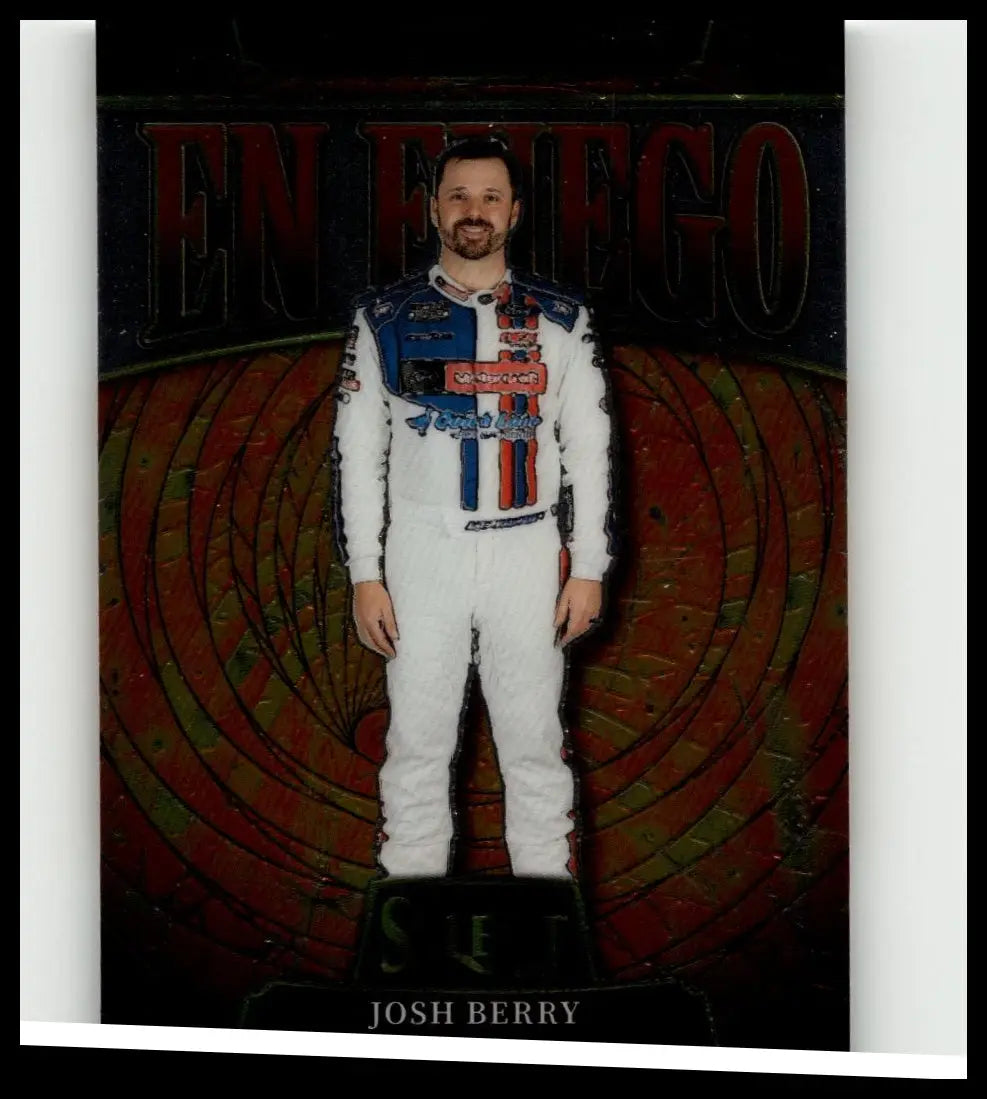 White racing suit with blue and red sponsor logos full-body design from 2025 panini select josh berry berry en fuego