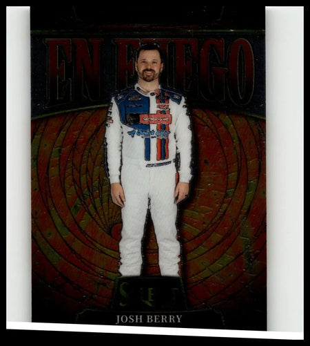 White racing suit with blue and red sponsor logos full-body design from 2025 panini select josh berry berry en fuego