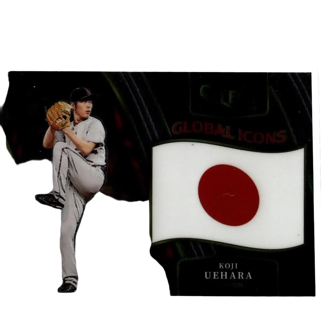 A black 2025 panini select #23 koji uehara global baseball card with a white and red japanese flag patch and pitcher image