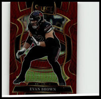 2025 panini select #24 evan brown maroon prizm football trading card featuring black helmet and red accents on glossy background
