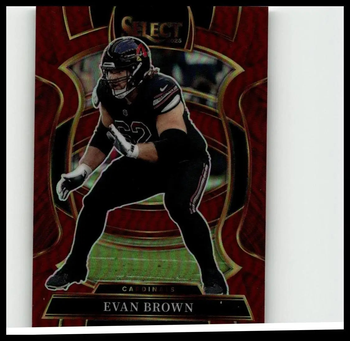2025 panini select #24 evan brown maroon prizm football trading card featuring black helmet and red accents on glossy background