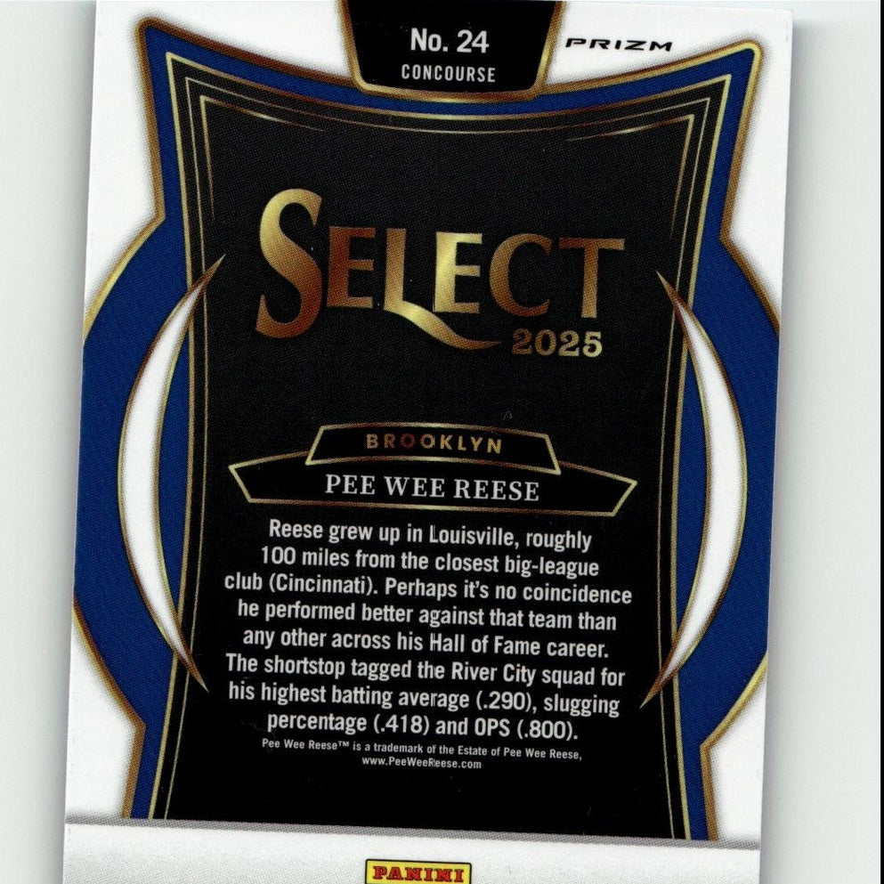 Black and blue baseball trading card with gold foil lettering, featuring the ’select 2025’’ branding and player information for pee wee reese.