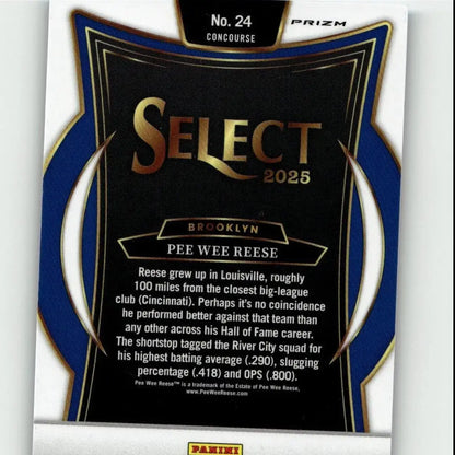 Black and blue baseball trading card with gold foil lettering, featuring the ’select 2025’’ branding and player information for pee wee reese.
