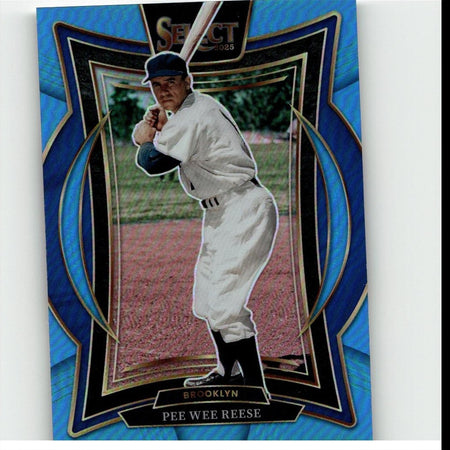 Blue and black framed baseball trading card featuring pee wee reese in a white uniform with navy cap, holding bat.