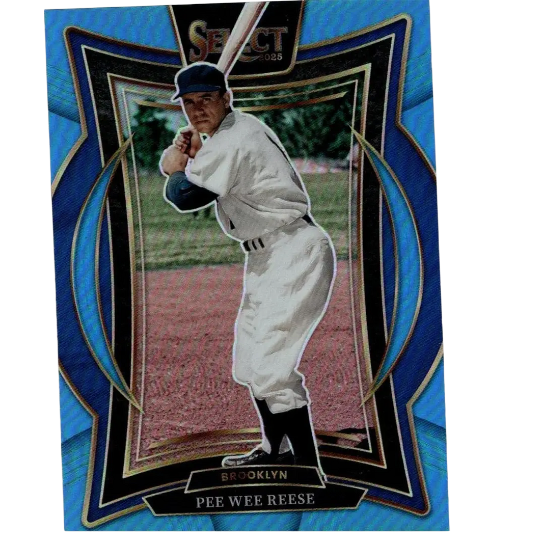 Blue and black framed baseball trading card featuring pee wee reese in a white uniform with navy cap, holding bat.