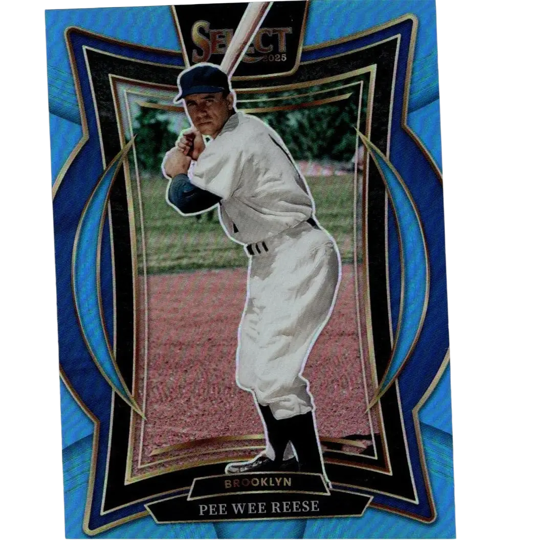 Blue and black framed baseball trading card featuring pee wee reese in a white uniform with navy cap, holding bat.