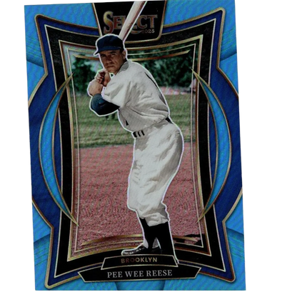 Blue and black framed baseball trading card featuring pee wee reese in a white uniform with navy cap, holding bat.