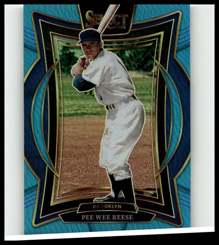 A blue and black framed 2025 Panini Select pee wee reese baseball card in white Brooklyn uniform holding a bat