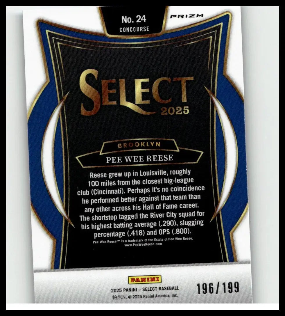 2025 panini select light blue prizms baseball card featuring pee wee reese numbered 24 of 199