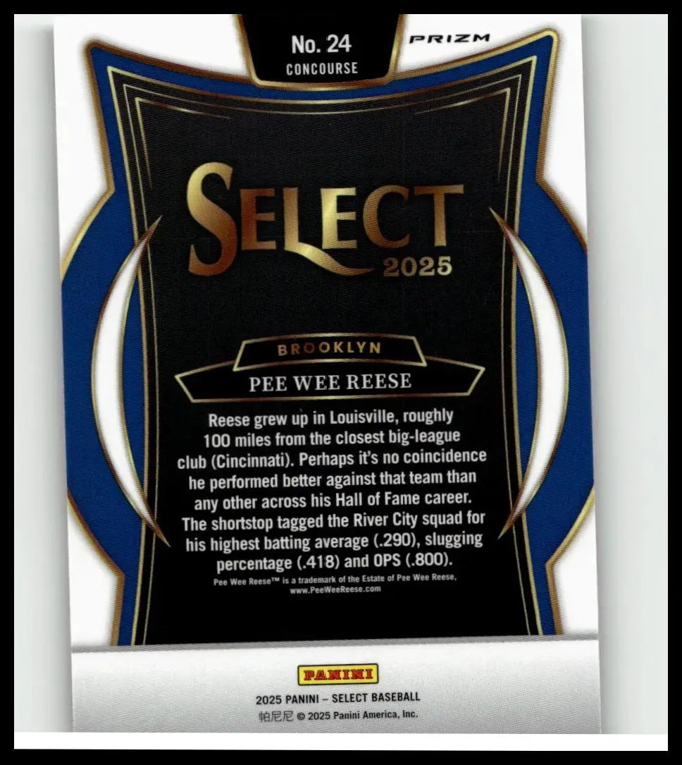 Black and blue 2025 panini select pee wee reese baseball card with gold lettering zebra prizms #24