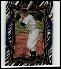 A glossy 2025 panini select #24 pee wee reese baseball card in white brooklyn uniform with blue gold ornate border