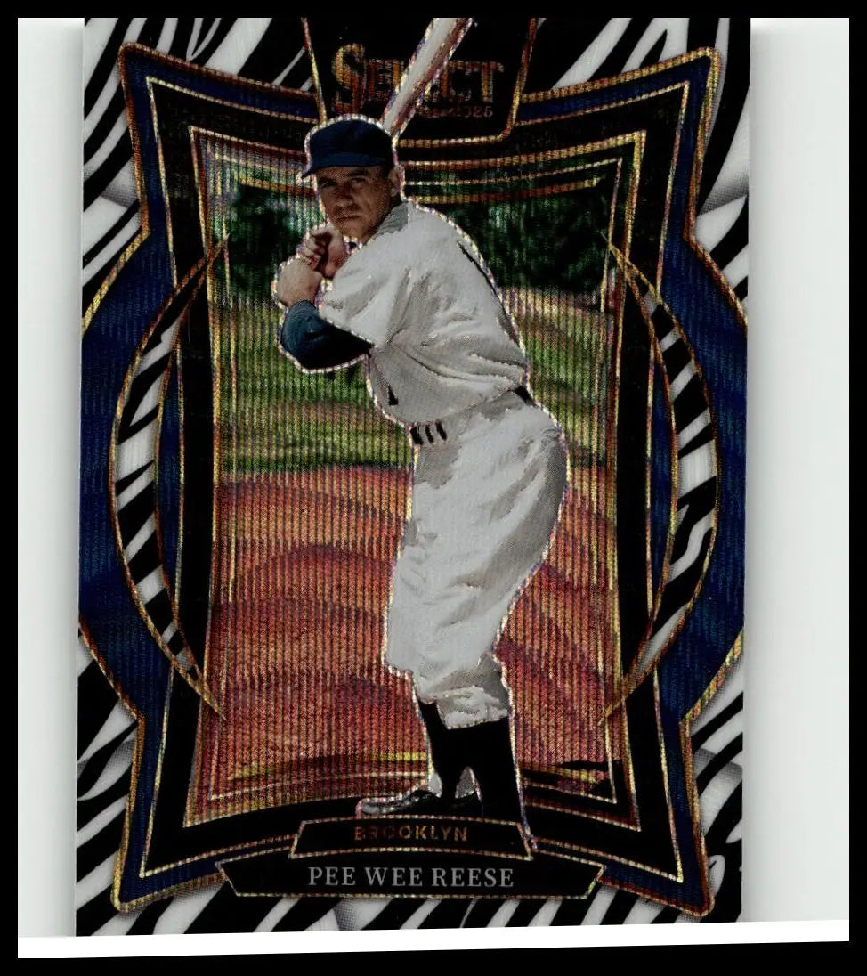 A glossy 2025 panini select #24 pee wee reese baseball card in white brooklyn uniform with blue gold ornate border