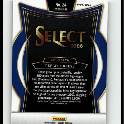 Black and blue prizm select 2025 pee wee reese zebra baseball card with gold lettering from panini select series