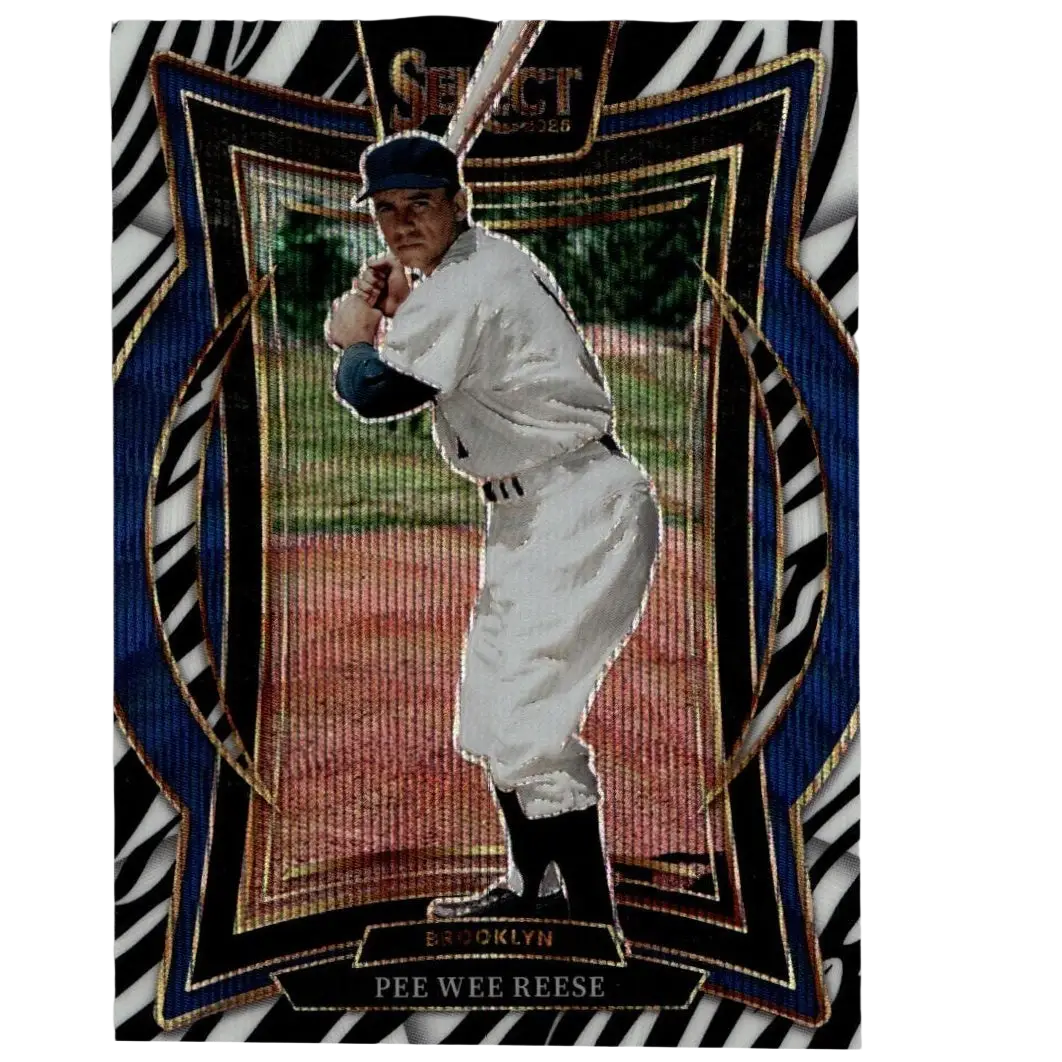 A 2025 panini select 24 pee wee reese zebra vintage baseball card with ornate blue and gold border on zebra stripes background