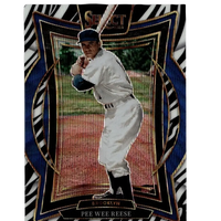 A vintage baseball trading card featuring pee wee reese in a white brooklyn uniform with black accents, set against an ornate blue and gold zebra-striped border.