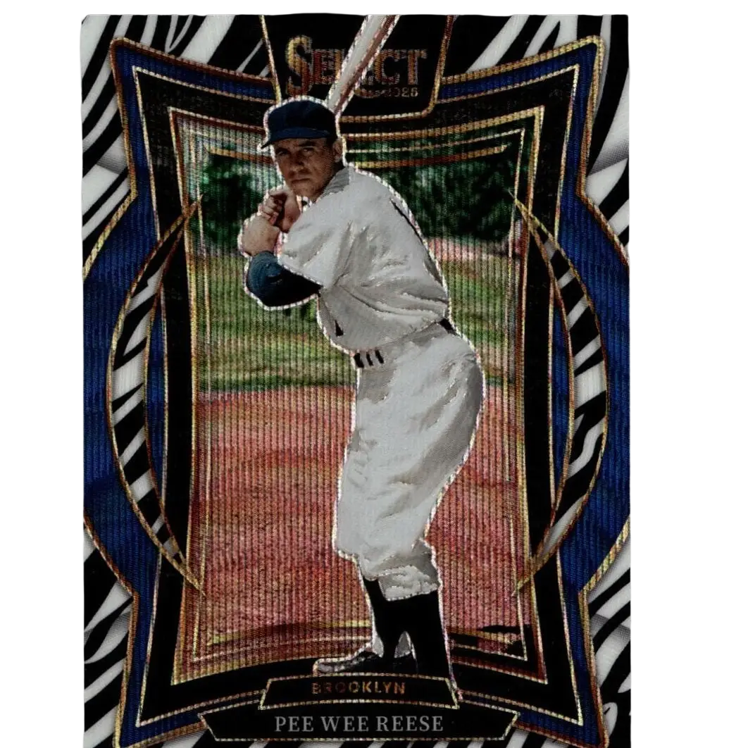 A vintage baseball trading card featuring pee wee reese in a white brooklyn uniform with black accents, set against an ornate blue and gold zebra-striped border.