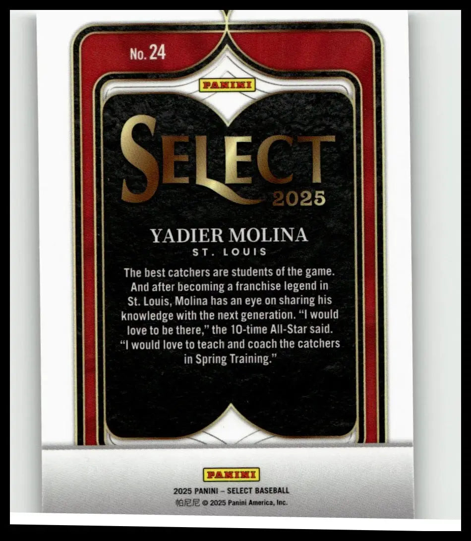 This 2025 Panini Select baseball card features Yadier Molina with the Select Numbers design and St. Louis branding