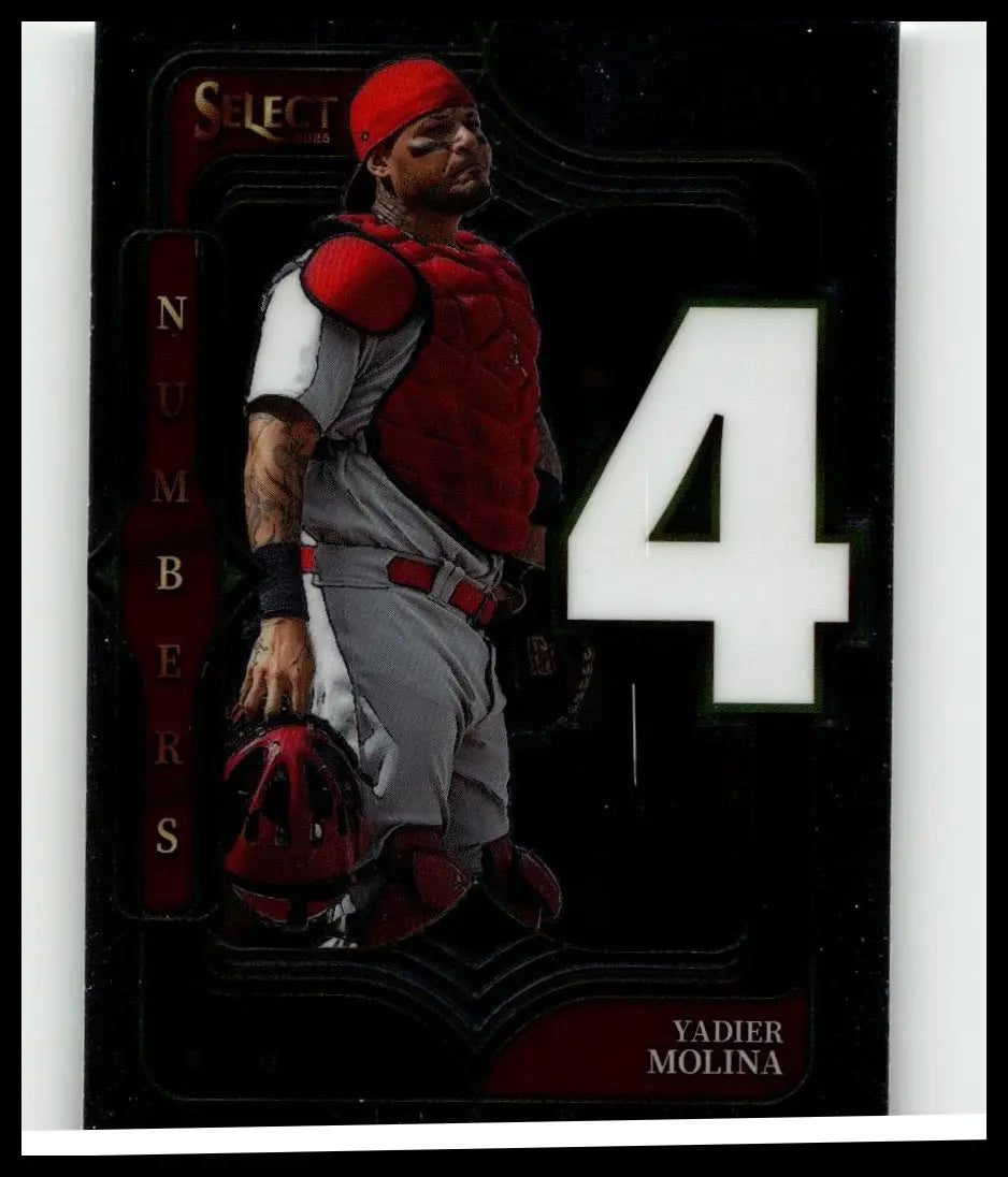 Red and gray baseball catcher uniform with red chest protector cap and belt in 2025 panini select yadier molina select numbers