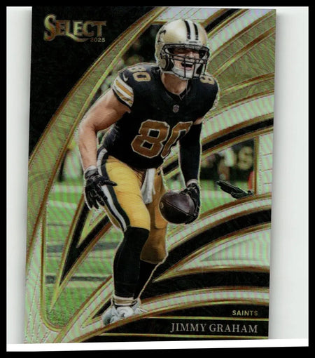 Black and gold 2025 panini select #249 jimmy graham silver prizm football trading card in new orleans saints uniform