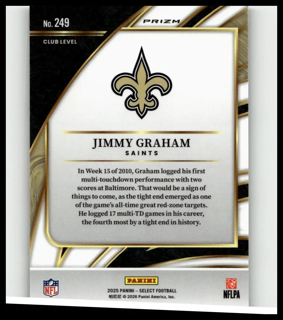 Gold and black fleur-de-lis logo on white card with gold trim featuring jimmy graham text in 2025 panini select jimmy graham silver prizm