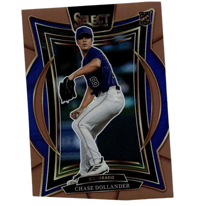 Bronze and blue framed baseball trading card featuring chase dollander in a colorado rockies uniform.