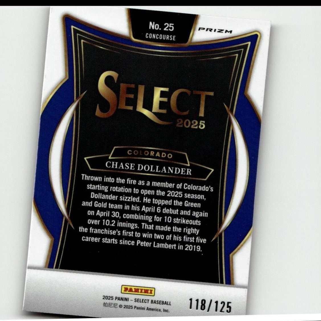 This is a black and blue baseball trading card from the 2025 panini select series, featuring chase dollander of colorado.