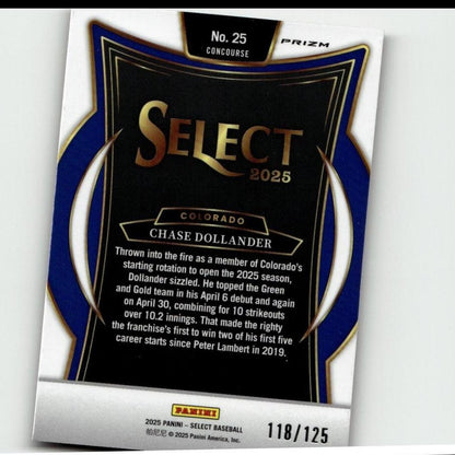 This is a black and blue baseball trading card from the 2025 panini select series, featuring chase dollander of colorado.
