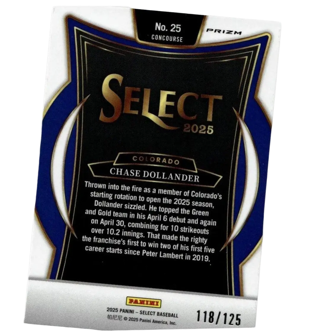 This is a black and blue baseball trading card from the 2025 panini select series, featuring chase dollander of colorado.