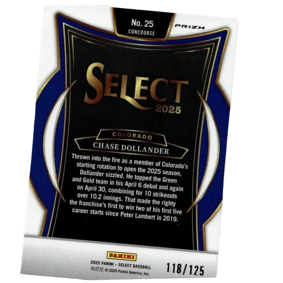 This is a black and blue baseball trading card from the 2025 panini select series, featuring chase dollander of colorado.