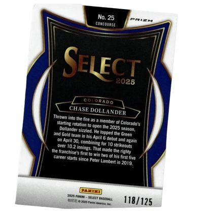 This is a black and blue baseball trading card from the 2025 panini select series, featuring chase dollander of colorado.