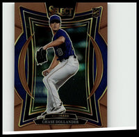 Blue and white 2025 panini select chase dollander bronze prizms baseball card featuring colorado rockies pitcher