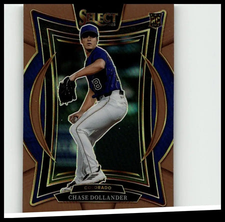 Blue and white 2025 panini select chase dollander bronze prizms baseball card featuring colorado rockies pitcher