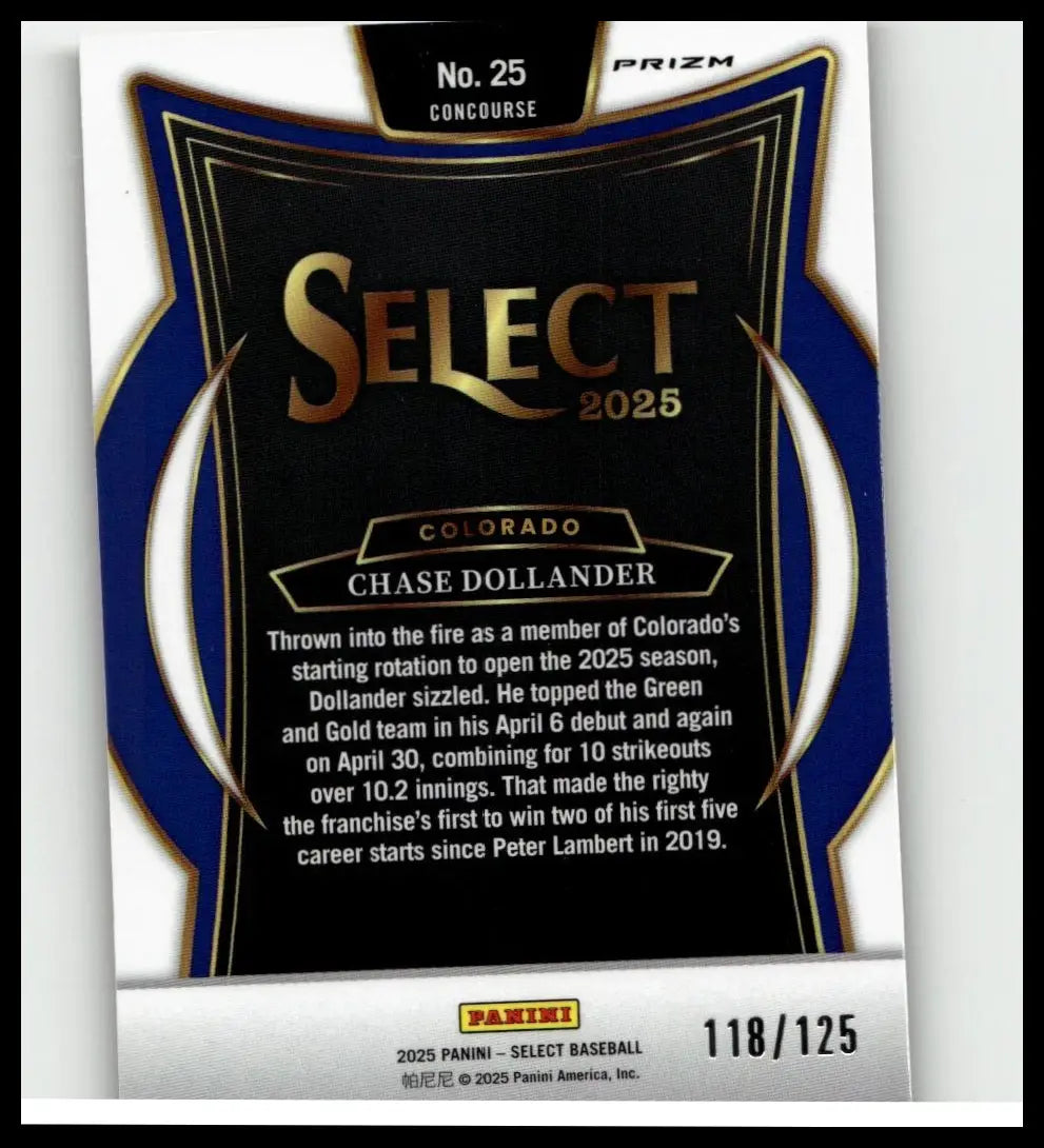 Black and blue 2025 panini select chase dollander bronze prizms baseball card with gold lettering numbered 25 of 125
