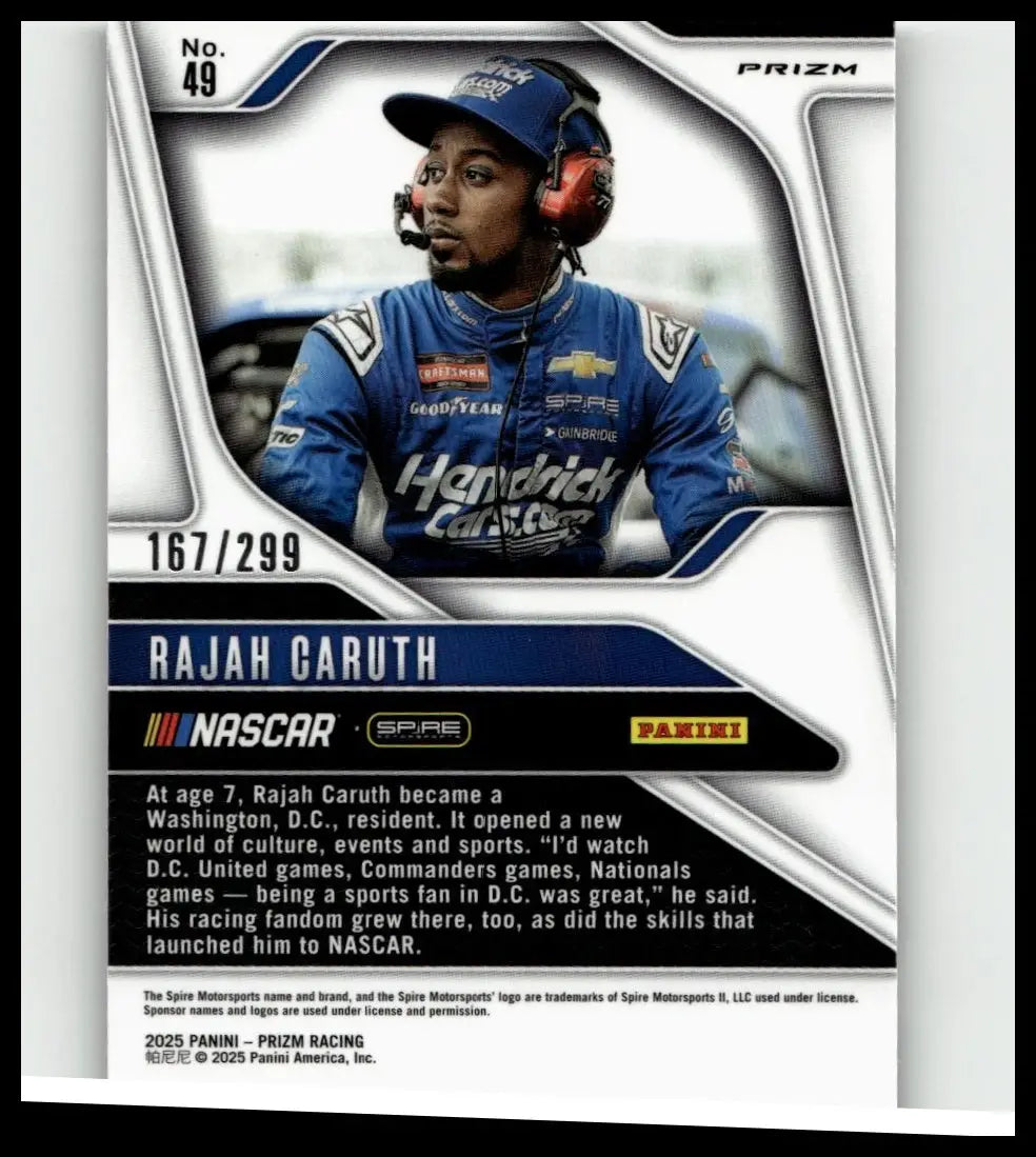 Blue racing suit and matching cap worn by nascar driver rajah caruth in 2025 panini select caruth silver prizms
