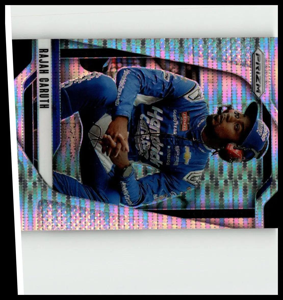 Blue racing suit and matching cap worn by rajah caruth featured on 2025 panini select #26 rajah caruth silver prizms card
