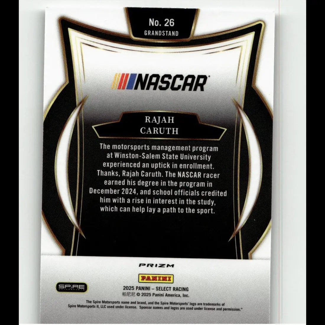 Black and silver panini select 2025 nascar trading card featuring rajah caruth with gold foil shield design