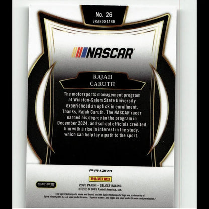 Black and silver panini select 2025 nascar trading card featuring rajah caruth with gold foil shield design