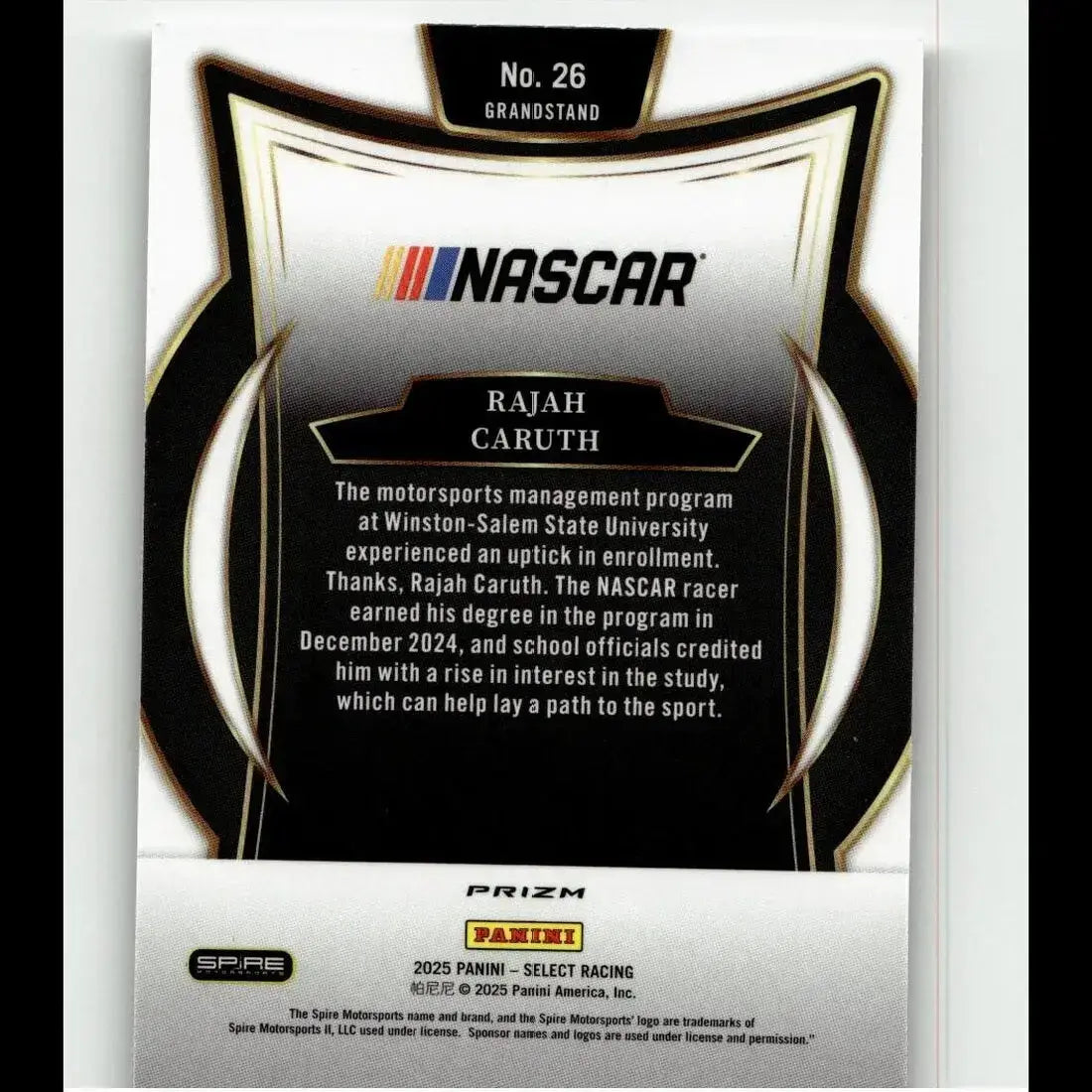 Black and silver 2025 panini select rajah caruth trading card with glossy finish and gold-trimmed design elements