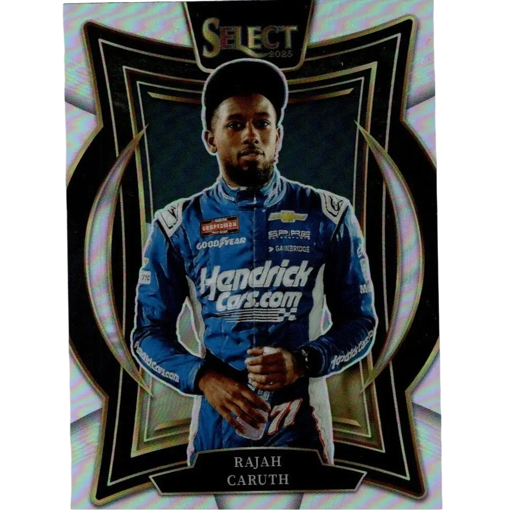 Blue and white rajah caruth nascar racing suit on glossy 2025 panini select silver card with sponsor logos