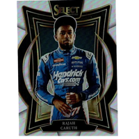 Blue and white rajah caruth nascar racing suit on glossy panini select 2025 trading card with sponsor logos